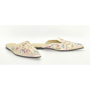A6 Auth GINA Beige Silk Satin Floral Embroidered Flat Mules Size UK6.5 US8.5